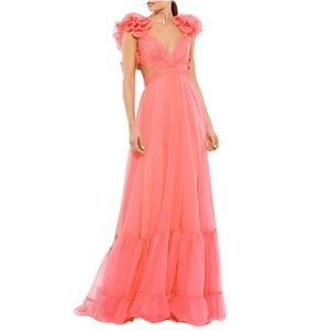 Mac Duggal Ruffle‎ Sleeve V-Neck A-Line Gown in Coral Size 0
